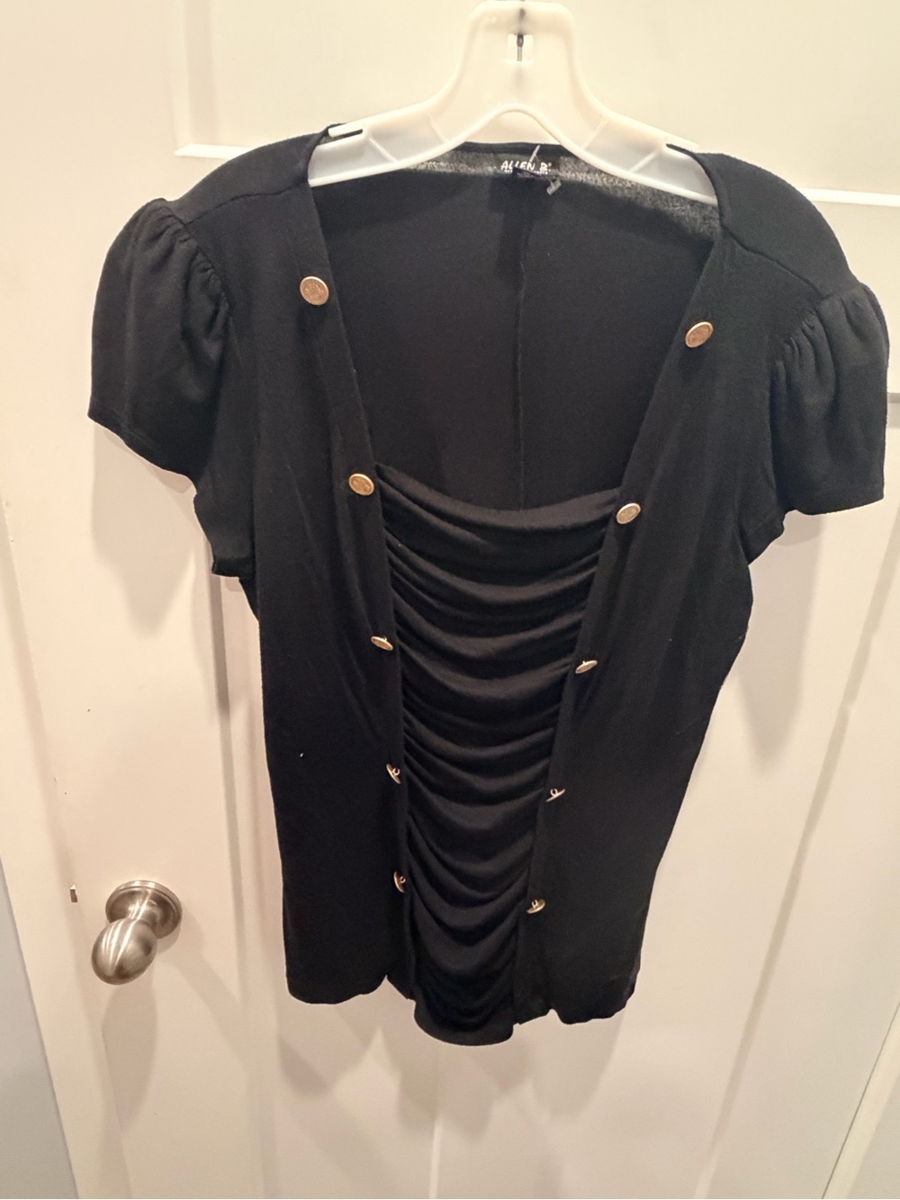 Allen B Allen Schwartz Top XL Black Ruched Gold Button Puff Sleeve Blouse
